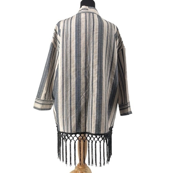 Zara Ecru Neutral Striped Boho 3/4 Sleeves Fringe Kimono festival Jacket sz sm - Picture 2 of 11